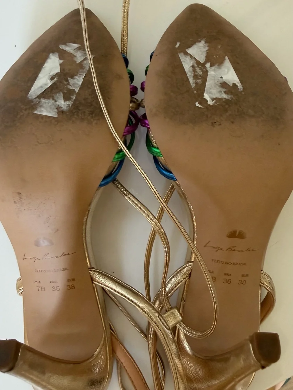 Luiza Barcelos Metallic Gold Multicolor Strappy Heels Sandals